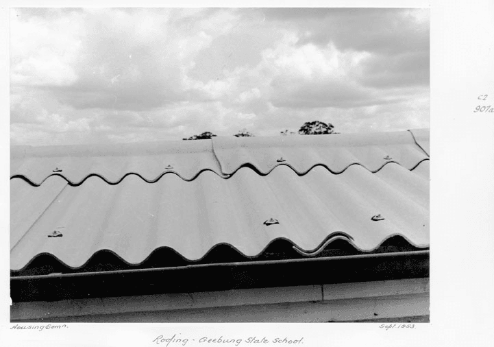 Mid-century school roofing at Geebung, the era when fibre-cement and mixed materials were ordinary Queensland building practice and were not labelled for the people who would later restore them.