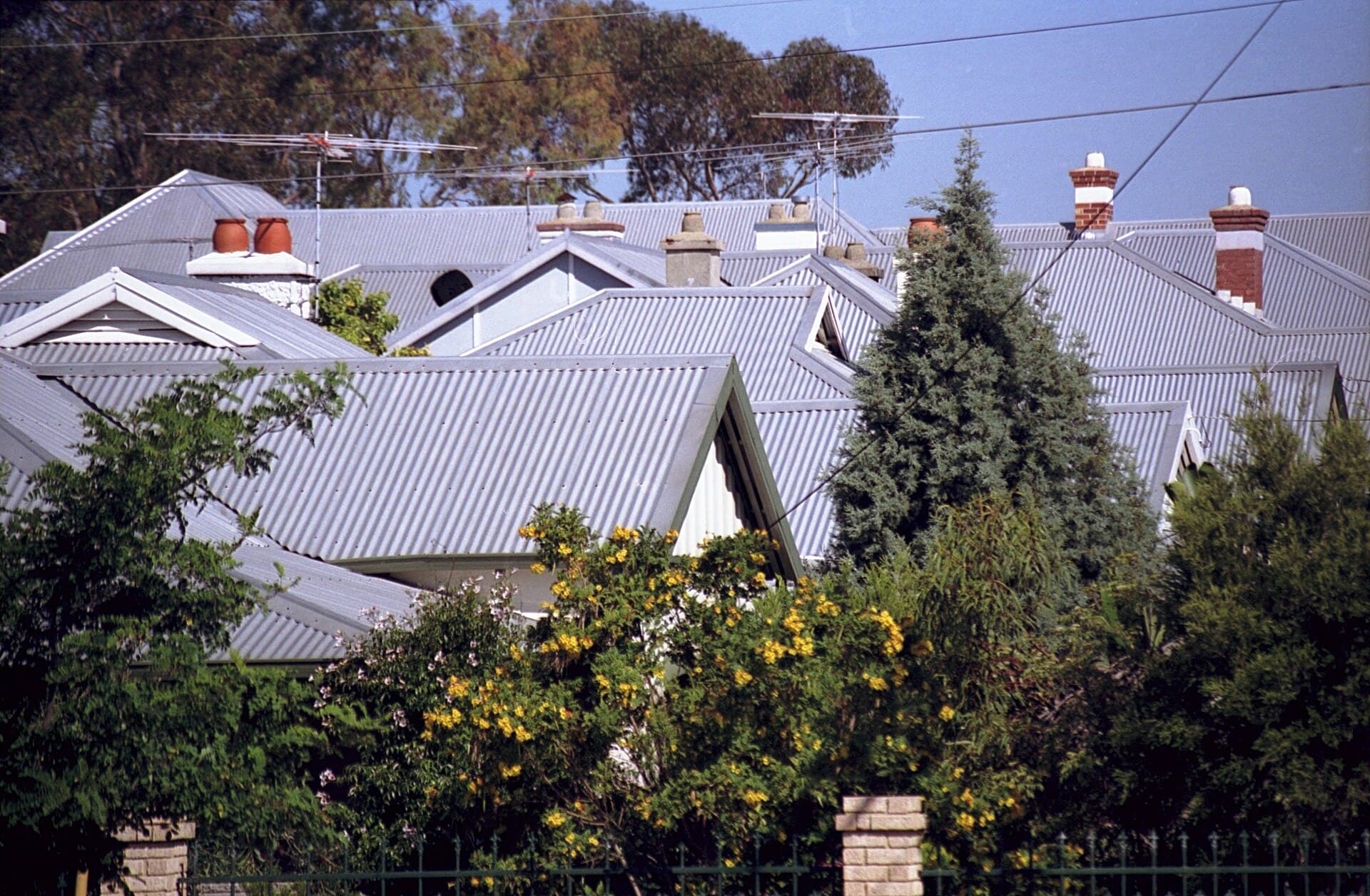 Corrugated metal rooftops and their valleys, a reminder that water still has to travel through iron and joins after any coating has been sold as a finish.